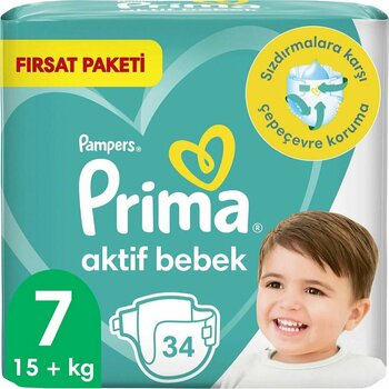 Prima Bebek Bezi Aktif Bebek Fırsat Paket 7 Beden 34 Adet 15+ Kg
