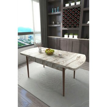 Renlife Yemek Masası Mutfak Masası Ahşap Ayaklı Masa Oval Açılır Masa (Beyaz Mermer) - Beyaz Mermer - 80 x 130 cm