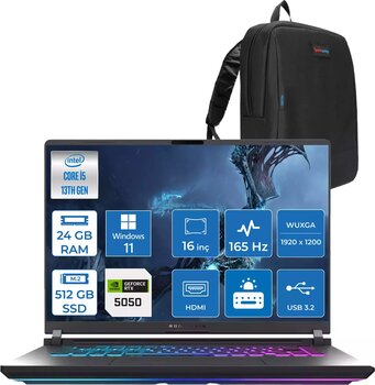 Asus Rog Strix G16 G615JH-RV053 Intel Core I5-13450HX 24GB 512GB SSD 8GB/RTX5050 Gddr7 115W 16" Wuxga 165Hz 3ms IPS WINDOWS11HOME Gaming Laptop WRX053H01+ZETTAÇANTA