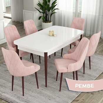 Canisa Concept Ram Serisi 80X132 Açılabilir Yemek Masası Takımı Beyaz Masa Kahverengi Ayak 4 Sandalye - Pembe