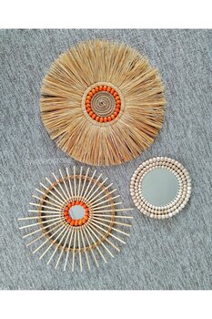 GLSTN By Bohostore Dekoratif Rafya Ayna Seti, Bohem Ayna, Ahşap Boncuklu Ayna, Dekoratif Ayna Seti
