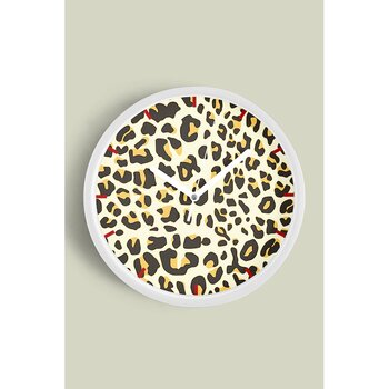 Leopar Desenli Modern Duvar Saati - 35cm - Önü Camlı Beyaz Kasa - Sessiz Mekanizma Beyaz