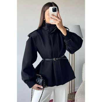 Kadın Vatkalı Astarlı Trenç Ceket P-00018227 - Siyah - L - XL