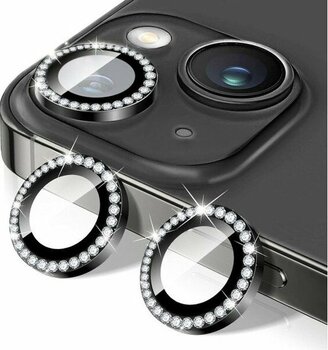 Fibaks Apple iPhone 13 Mini Taşlı Parlak Kamera Lens Koruyucu Cam ve Çerçeve Kamera Koruma Lensi - Siyah