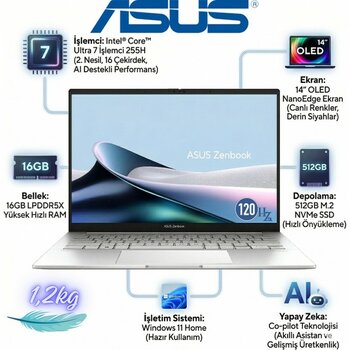 Asus Zenbook 14 OLED Intel Core Ultra 7 255H 16GB 512GB 14" Ultra Ince ve Hafif 1.2kg 3k 120Hz OLED Ekran Co-Pilot Yapay Zeka Teknolojisi - 512 GB