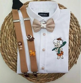 Cool Bebe Bej Erkek Çocuk 4 Yaş Taş Devri Konseptli Askı Papyon Gömlek