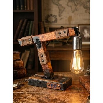 Woodylight Rustik El Yapımı Masif Ahşap Masa Lambası - Retro Edison Tasarım Dekoratif Gece Lambası - Ahşap - Siyah