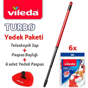 Vileda Turbo Teleskopik Sap + Üçgen Başlık + 6'lı Mikrofiber Yedek Paspas