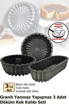 FİTHOME 3'lü Granit Döküm Kek Kalıbı Seti Turta Kalıbı Baton Kek Kalıbı Yuvarlak Kek Kalıbı Seti