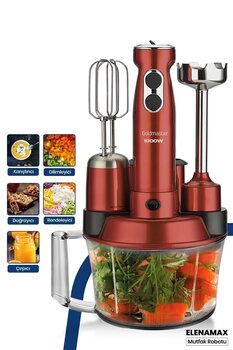GOLDMASTER Elenamax Vişne Kırmızı 1000 Watt Hız Ayarlı %100 Bakır Motor 5 In 1 Mutfak Robotu Multi Blender Seti