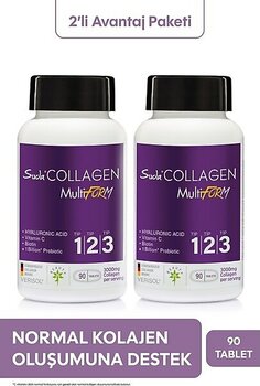 Suda Collagen Beauty Multiform Hidrolize Kolajen Peptitleri, Hyaluronik Asit, Vitamin C, Biotin, Probiyotik Mikroorganizma İçeren 90 Tablet Takviye Edici Gıda x2 Adet