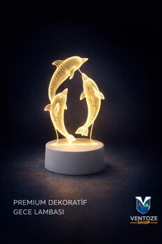 Ventoze Yunus Tasarımlı 3D Led Gece Lambası | Dekoratif Çocuk Odası Lambası USB Bağlantılı Aydınlatma