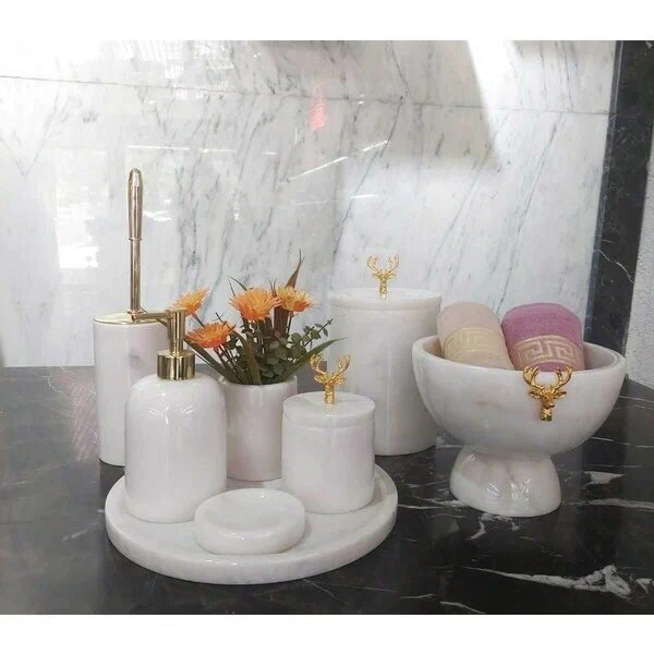 Marbollı Doğal Beyaz Mermer Banyo Seti Gold 8 Parça