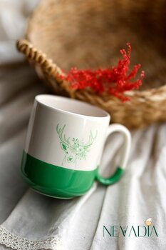 NevaDia Geyik Figürlü Yeşil Seramik Kupa Bardak, Hediyelik Kupa