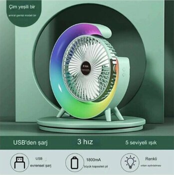 Marsilyan Masaüstü Vantilatör USB Şarjlı Rgb LED Işıklı 3 Kademeli 180° Ayarlanabilir Soğutucu Fan Y - Ahşap