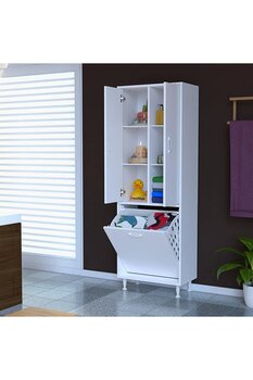 Modilayn İnci 55x165 Cm Üç Kapaklı Çok Amaçlı Kirli Çamaşır Dolabı Sepetli Banyo Dolabı