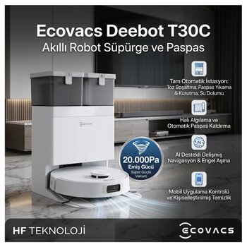 Ecovacs 20.000Pa Emiş Gücü İle Omni Istasyonlu , 75 Derece Sıcak Suda Yıkama , Deebot T30c Robot Süpürge,