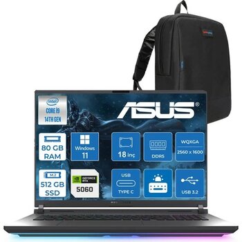 Asus Rog Strix G18 G815JMR Intel Core I9 14900HX 80GB 512GB 8GB/RTX5060 115W Gddr7 18" 2.5k (2560 x 1600, Wqxga) 240Hz 3ms Windows 11 Home Taşınabilir Bilgisayar ZS9035H33+Zettaçanta