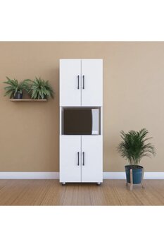Dienni 4 Kapaklı 4 Kapılı 5 Bölmeli Çok Amaçlı Dolap Beyaz Mini Fırın Bölmeli Mutfak Dolabı 161x56x32 cm