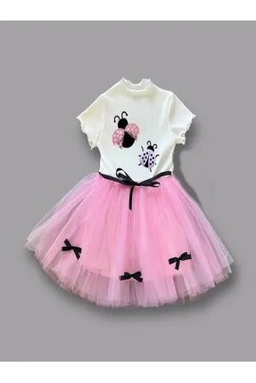 Butik Uğur Böceği Nakışlı Kurdela Kuşak Kız Çocuk Elbisesi Pembe-ekru