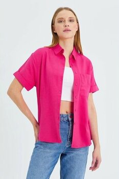 3950 Kadın Oxford Kısa Kollu Basic Gömlek Fuşya Fuşya L