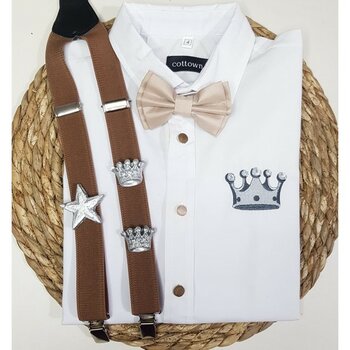 Cool Bebe  Gümüş Kral Taclıaskı Papyon Gömlek - Sütlü Kahve - 1 Yaş