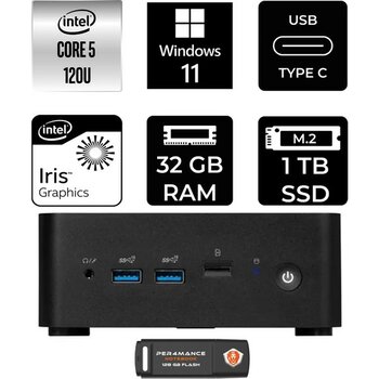 MSI Msı Cubi Nuc Core 5 120U 32GB RAM 1TB SSD Win11 Home 1MG238BEUP363 Mini PC + Per4 USB - Windows 11 Home