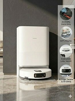 Xiaomi 20.000 Pa Emiş Gücü ve Saç Dolaşmayan Kesici Fırçalı Robot Süpürge 80°c Sıcak Su Yıkamalı ve Otomatik Toz Boşaltmalı Sistem - Beyaz