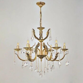 Avize Çarşısı Merit 6 Kollu Yapraklı Kristal Taşlı Gold E14 Altın 6 Ampul Avize