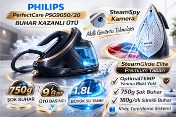 Philips Phılıps Kamera Tabanlı , Isıyı Otomatik Ayarlayan 9050/20 Buhar Kazanlı Ütü Lacivert  + Rowenta Express  Saç Düzleştirici Hediye