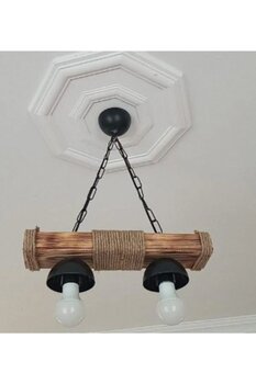 AhşapSepeti Ahşap Avize 2 Li Halatlı Avize Rustik Dekoratif Doğal Masif Avize