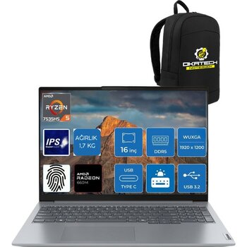 Thinkbook Ryzen 5 - 7535H 16 GB 512 GB 16" W11PRO Notebook + Okatech Çanta