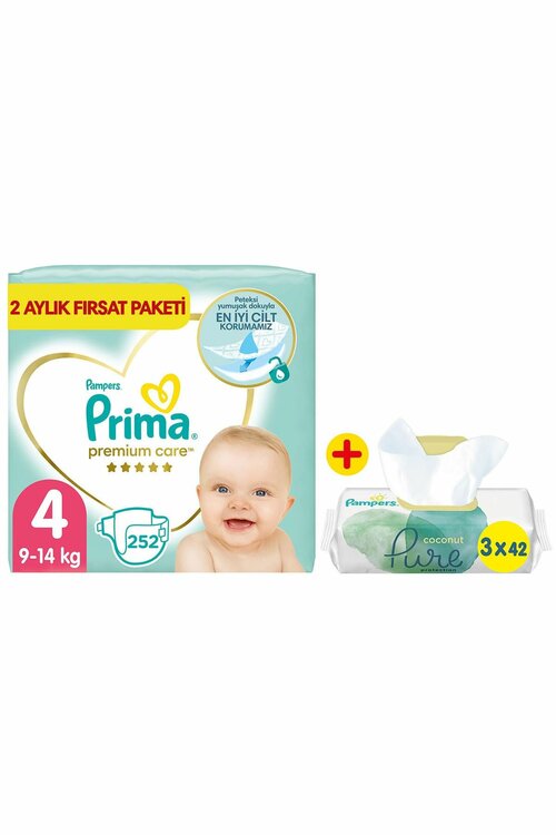 Prima Bebek Bezi Premium Care 4 Beden 252'li 2 Aylık Fırsat Paket + Pure 3'lü Islak Havlu 126 Yaprak