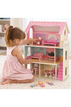 TOHA Ahşap Bebek Evi - 3 Katlı 10 Parça Aksesuarlı Oyuncak Ev Büyük Boy Kız Çocuk Oyuncağı