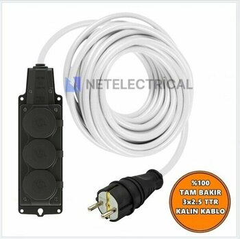Netelectrical  Kauçuk 3'lü Topraklı Grup Priz Uzatma Kablosu 100 Metre 3x2,5 Mm² Ttr Kalın Beyaz Kablolu