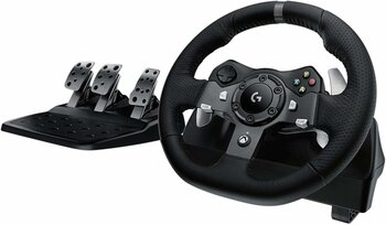 Logitech G 920 Driving Force oyun yarış direksiyonu, iki motorlu kuvvet geri bildirimi, 900° direksiyon aralığı, deri direksiyon, ayarlanabilir paslanmaz çelik zemin pedalları, Xbox One/PC/Mac - UK fişi, siyah