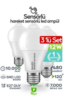 SULED Hareket Sensörlü Led Lamba 3 Adet Ampül Beyaz Işık 12w %80 Tasarruflu Otomatik Yanıp Söner