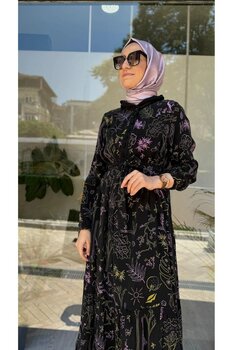 MissWhence Çiçek Desenli Kadın İpek Elbise Siyah 36 Beden