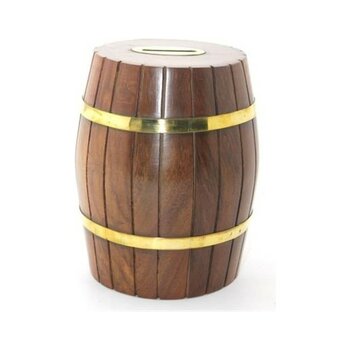 Akıllı Durak Pirinç Ahşap Fıçı Kumbara 15 cm