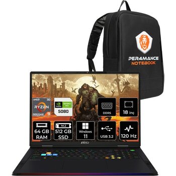 MSI Raider A18 Hx Ryzen 9 9955HX3D RTX 5080 16GB 64GB RAM 512GB SSD 18" UHD+ 120Hz Win11 Home A9WIG092TRP332 Gaming Laptop + Per4 Çanta