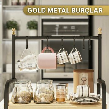 Bino Masaüstü Mutfak Rafı Düzenleyici Kahve Fincanı Kupa Bardak Askısı 6 Kancalı Ahşap Raf Organizer - Ahşap Rengi