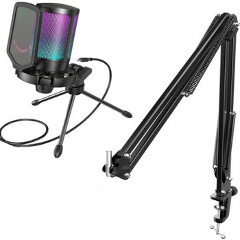 Fifine Ampligame A6V Siyah Rgb USB Oyuncu - Yayıncı Mikrofonu + Fifine Cs1 Masa Tipi Mikrofon Standı - Mikrofon Sehpası (35X35cm)
