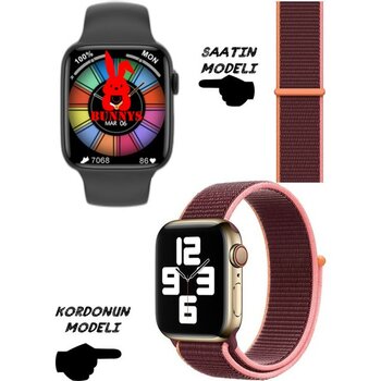 Bunnys Akıllı Saat Apple Iphone Uyumlu Nfc Özellikli Watch 8 Pro Bt Konuşma Özellikli Akıllı Saat Hasır Kordon - 45 mm - Bordo
