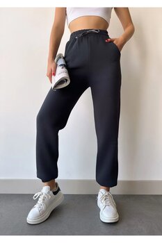 schlank Kadın Antrasit Yüksek Bel Paçası Lastikli Basic Jogger Eşofman Altı M Beden