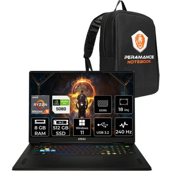 Msı Vector A18 Hx Amd Ryzen 9 9955HX 8gb 512GB SSD RTX5080/16GB 175W 18" Qhd+ 240Hz Windows 11 Home Taşınabilir Bilgisayar & Per4 Çanta A9WIG093TRP302