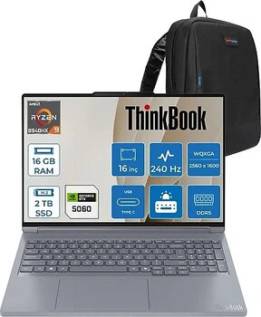 Lenovo Thinkbook 16P G6 Adr Ryzen 9 8940HX 16GB Ddr5 2tb SSD 8GB/RTX5060/115W 16" Wqxga IPS 500NITS 240Hz Freedos Taşınabilir Bilgisayar 21U00013TXF03 + Zettaçanta - 2 TB - 16 GB