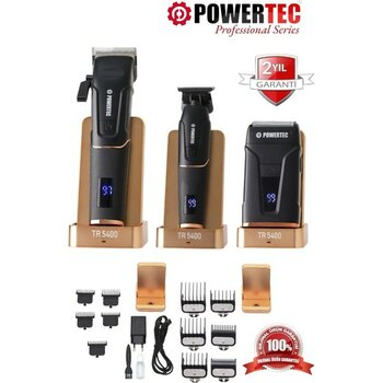 Powertec TR-5400 Saç Sakal & Günlük Tıraş & Ense Çizim Profesyonel Berber Tıraş Makinesi 3'lü set