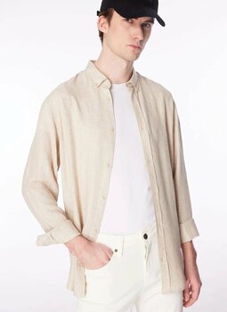 Fabrika Bej Erkek Düğmeli Regular Fit Armürlü Gömlek F4SM-GML 0709 XL Beden