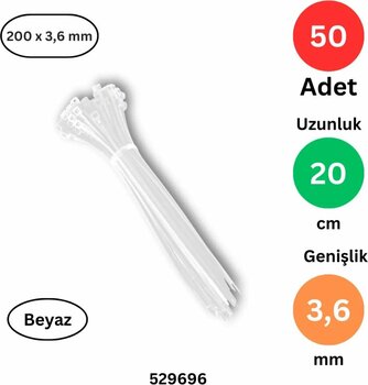 Tek-İş Plastik Kablo Bağı Klipsi Cırt Kelepçe 200 X 3.6 Beyaz 50 ADET