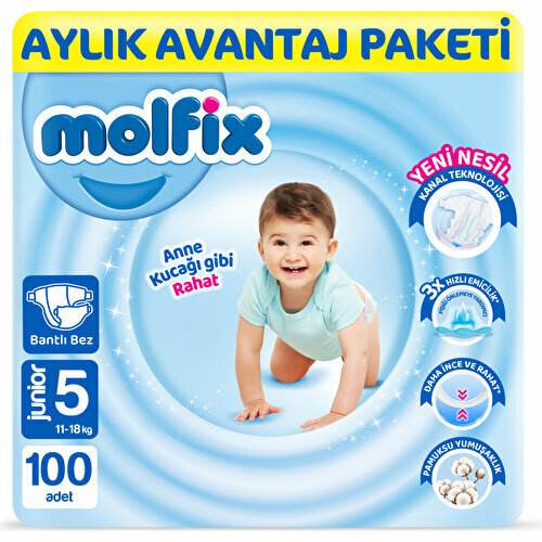 Molfix Bebek Bezi 5 Beden Junior Aylık Avantaj Paket 100 Adet 11-18 kg